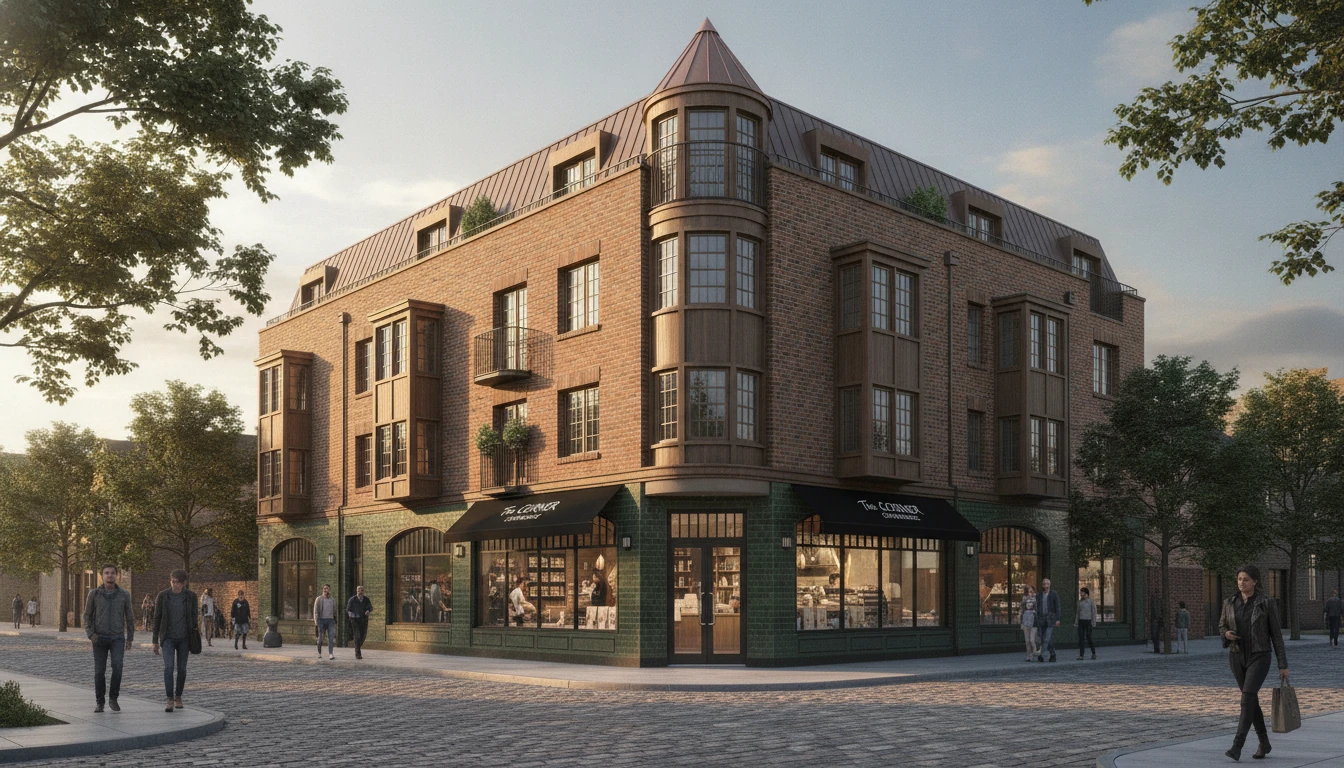 Mixed-use corner with masonry and tall storefront windows