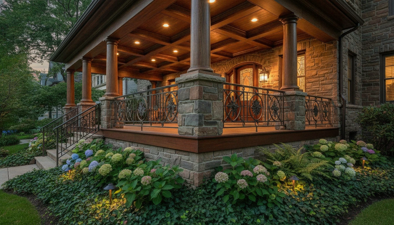 Front porch with tapered piers and stone base