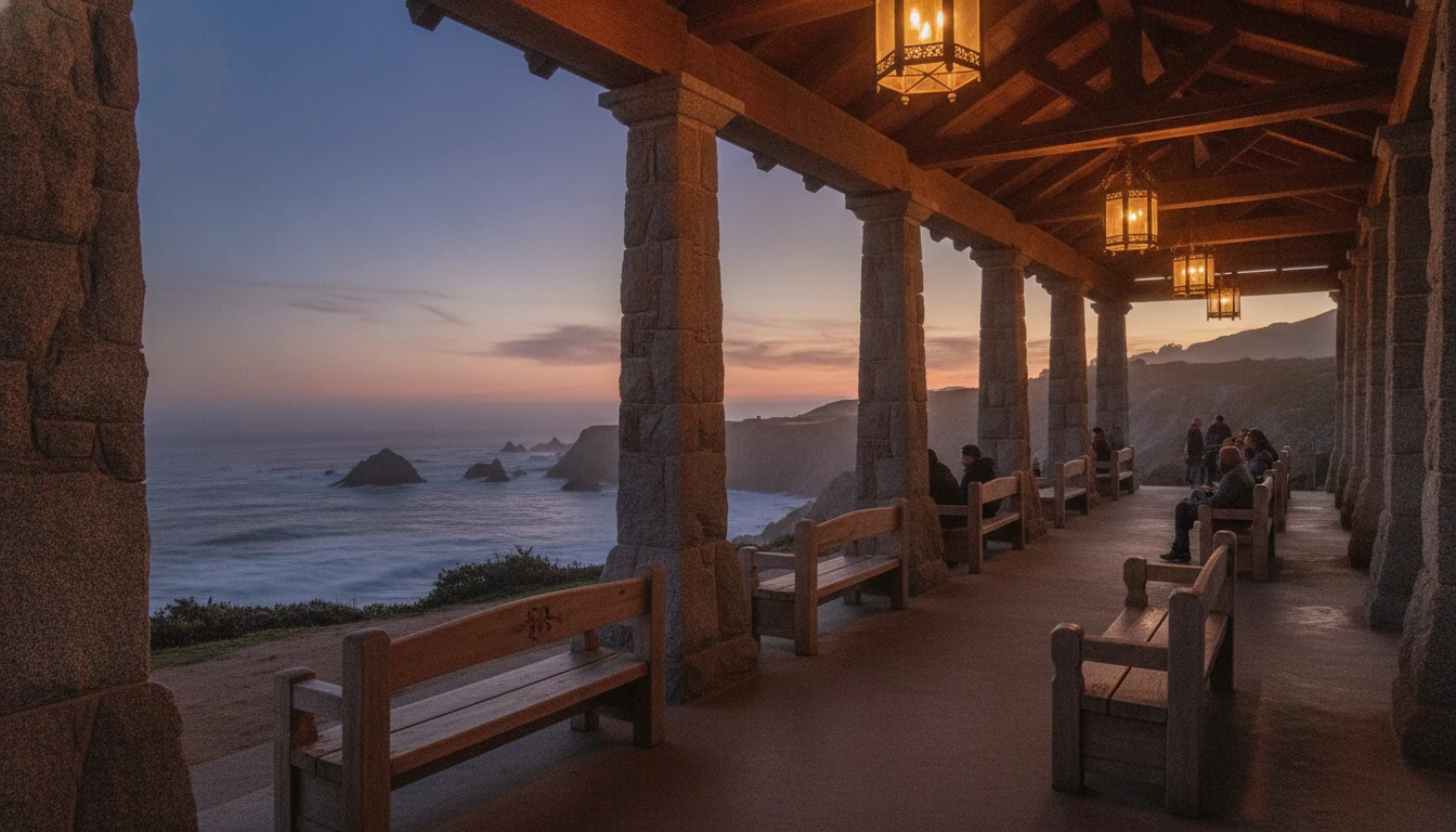 Interior civic porch with lantern glow and stone columns