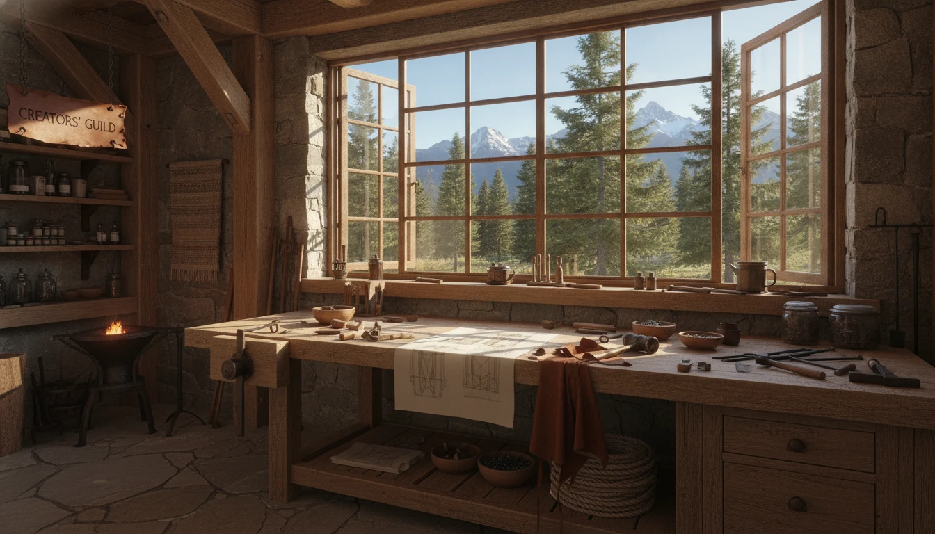 Workshop bay with tools and timber structure