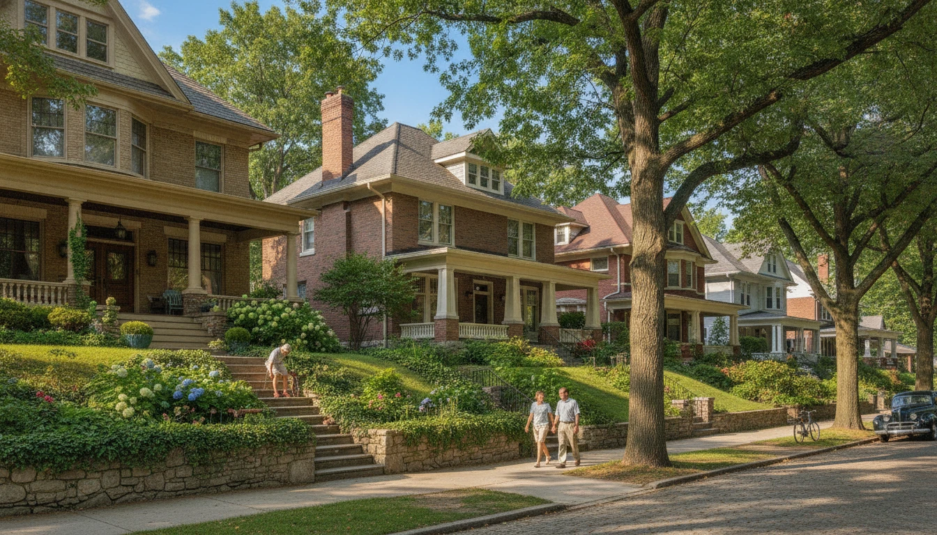 Street of generous porches beneath mature trees