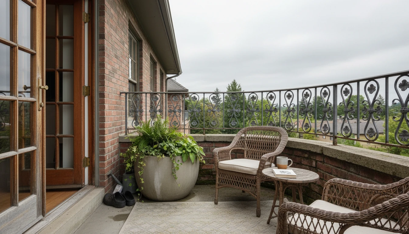 Balcony threshold with planter and curved railing