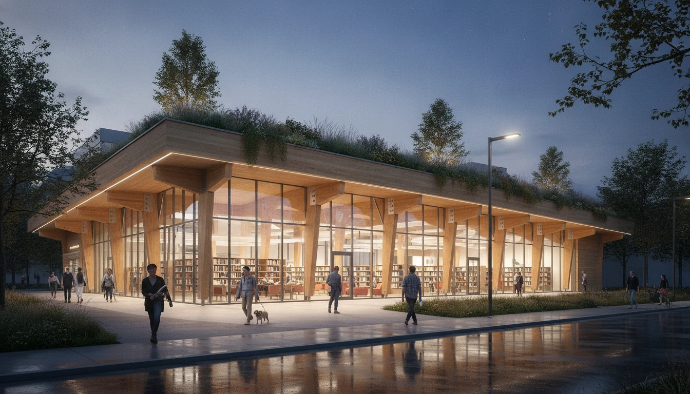 Library exterior at dusk with planted terrace