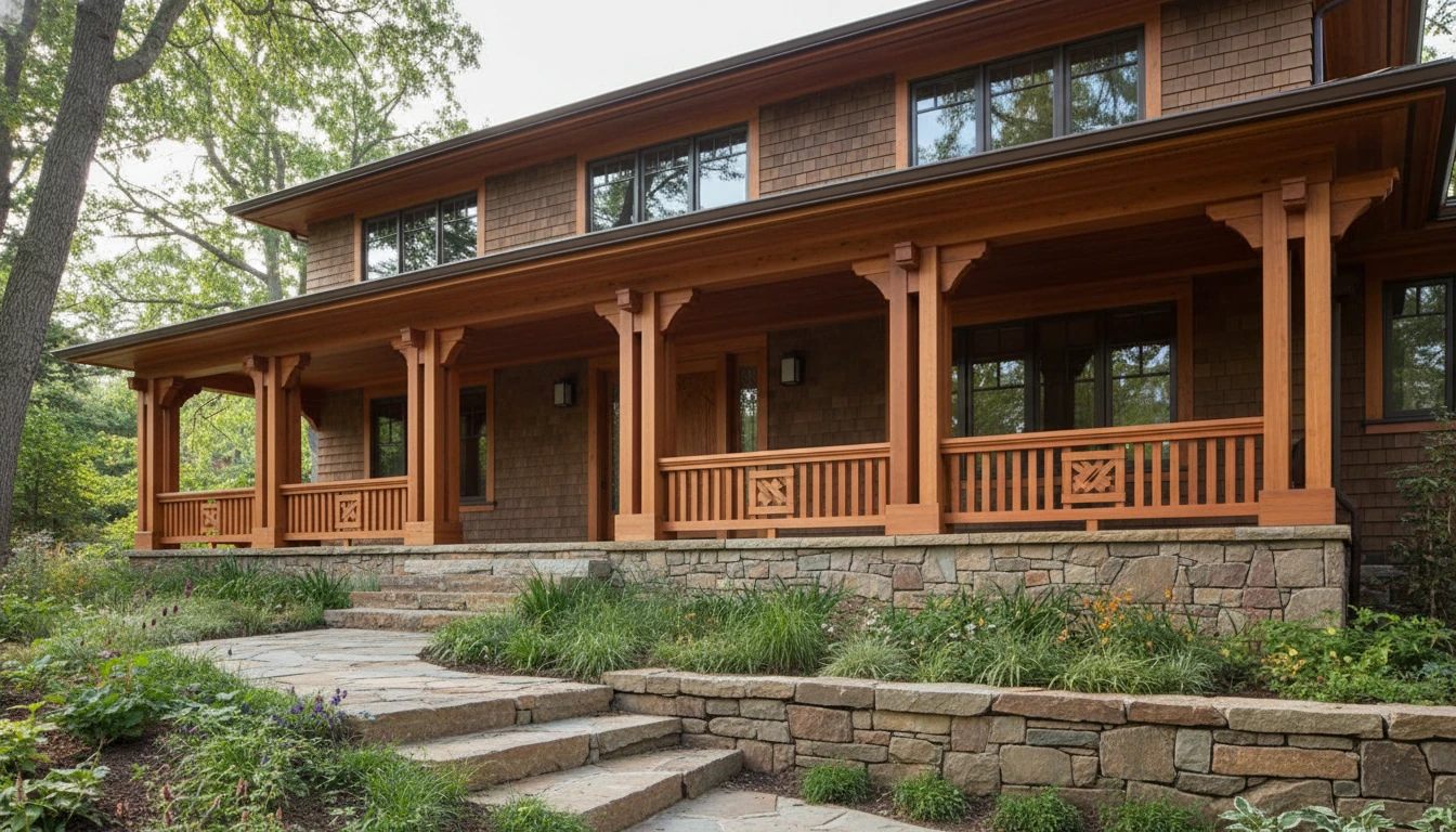 Deep front porch with timber posts and garden edge