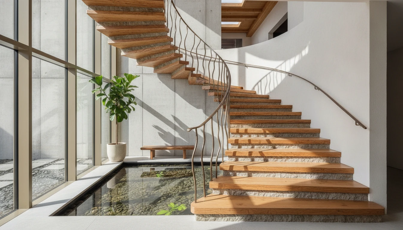 Daylit stair with wood treads and curved rail