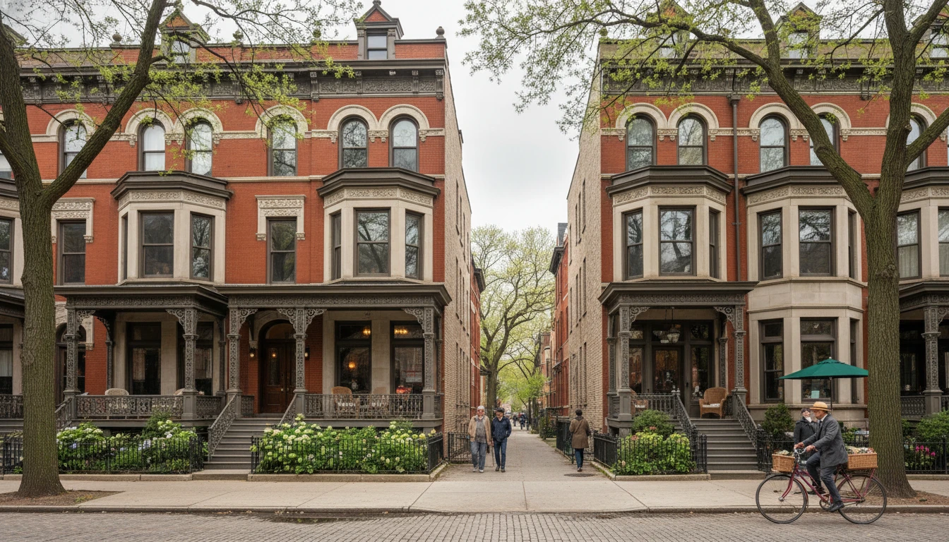 Chicago-style row with stoops and trees