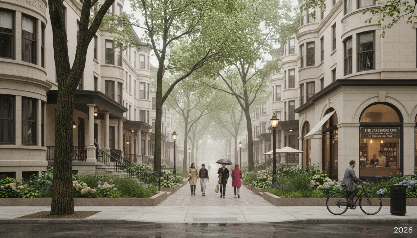 Mixed-height residential street, walkable and green