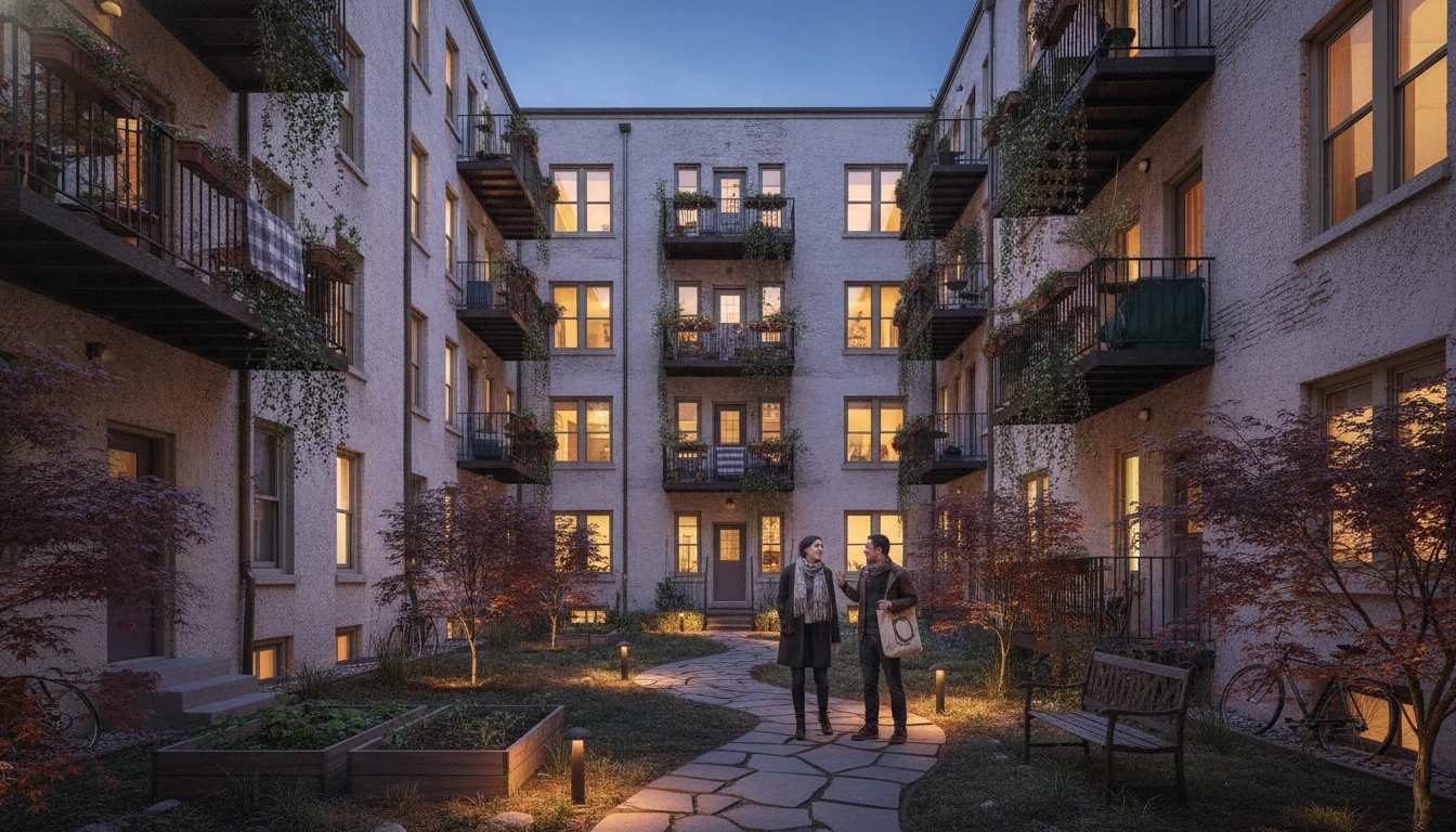 Courtyard at night with soft lighting and balconies