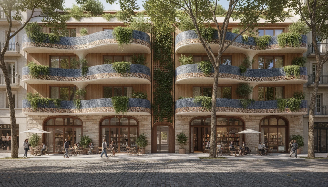 Street view of residential building with layered terraces