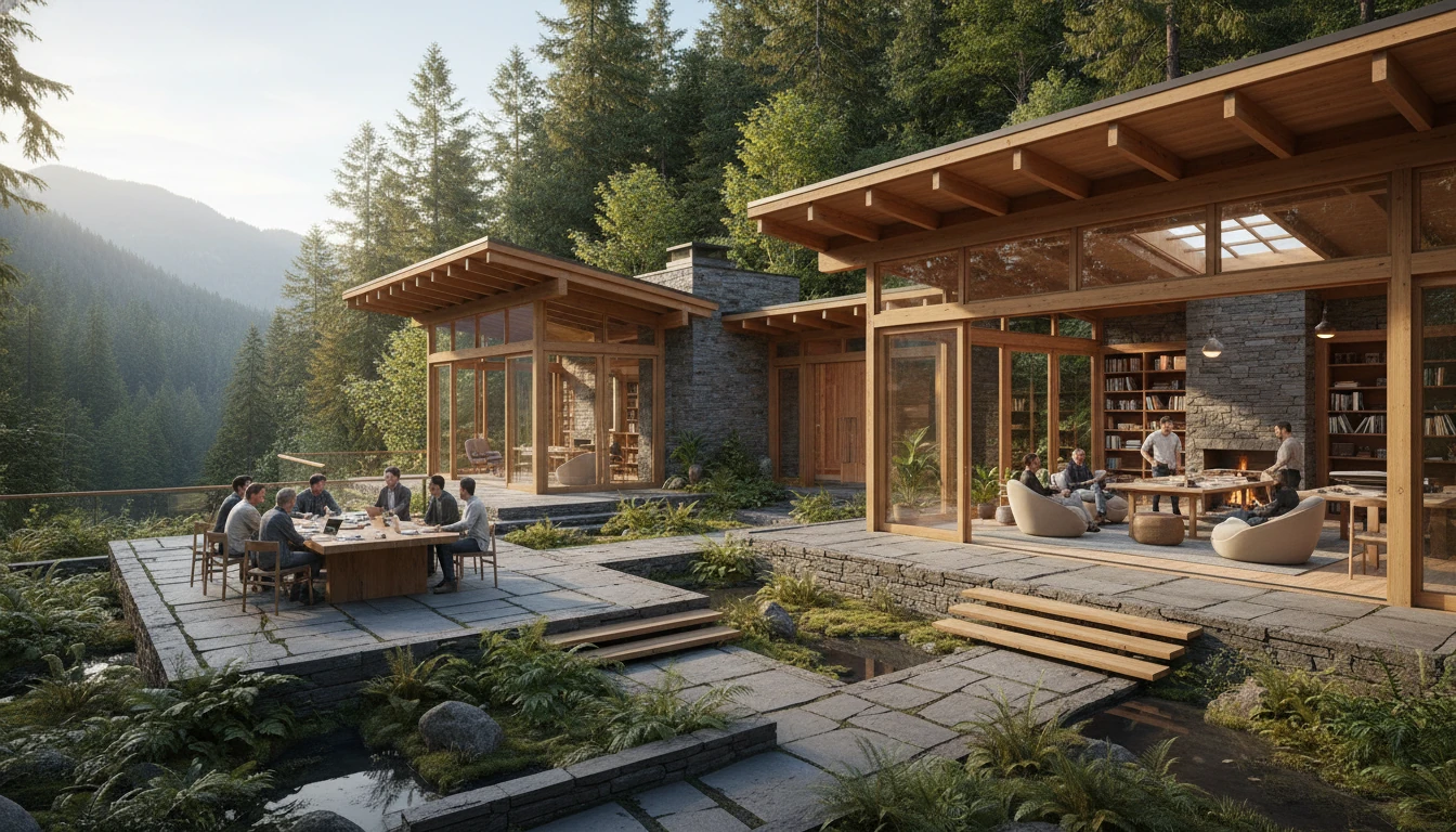 Timber workshop with outdoor meeting terrace