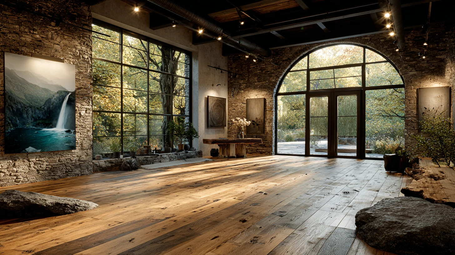 Spacious stone-walled studio with arched glass doors opening to trees and natural light